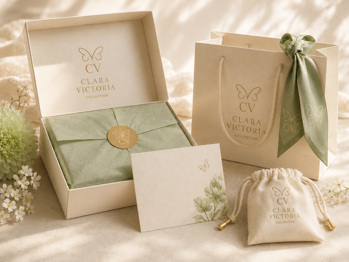 Empaque boutique de Clara Victoria Collection: caja, bolsa y detalles de regalo