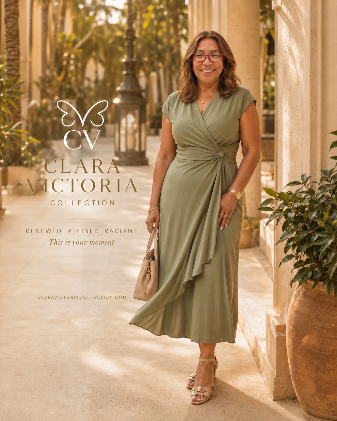 Vestido verde oliva en columnata