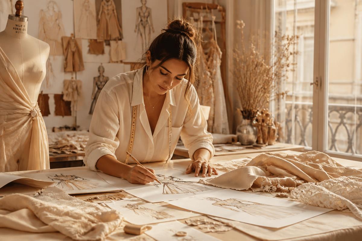 Diseñadora trabajando en el atelier de Clara Victoria